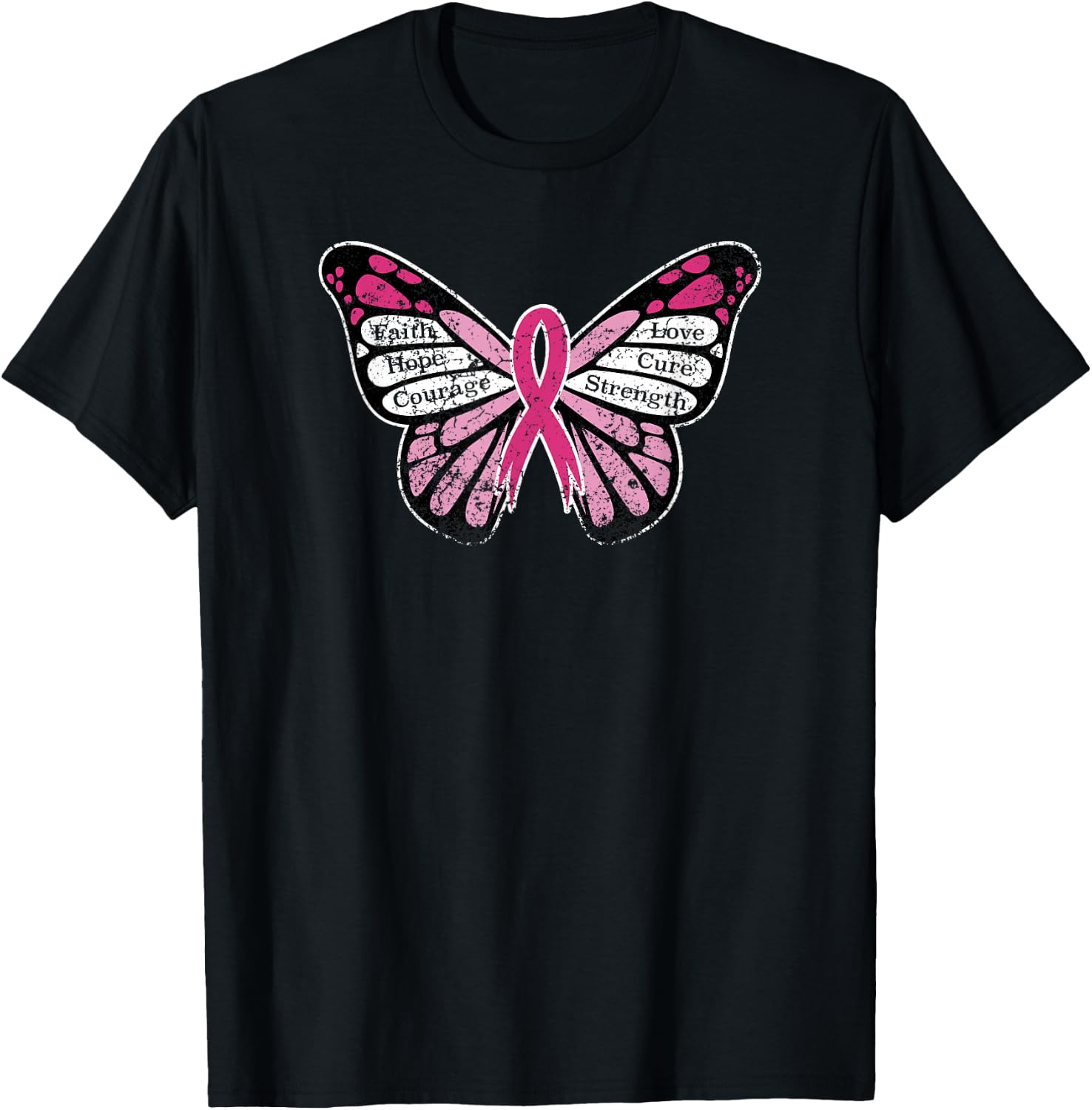 Vintage Breast Cancer Awareness Pink Ribbon Butterfly T-Shirt - T-Shirt | Black