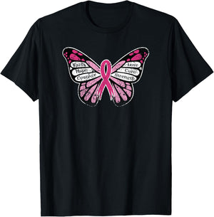 Vintage Breast Cancer Awareness Pink Ribbon Butterfly T-Shirt - T-Shirt | Black