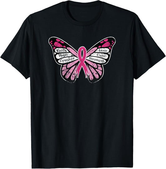 Vintage Breast Cancer Awareness Pink Ribbon Butterfly T-Shirt - T-Shirt | Black