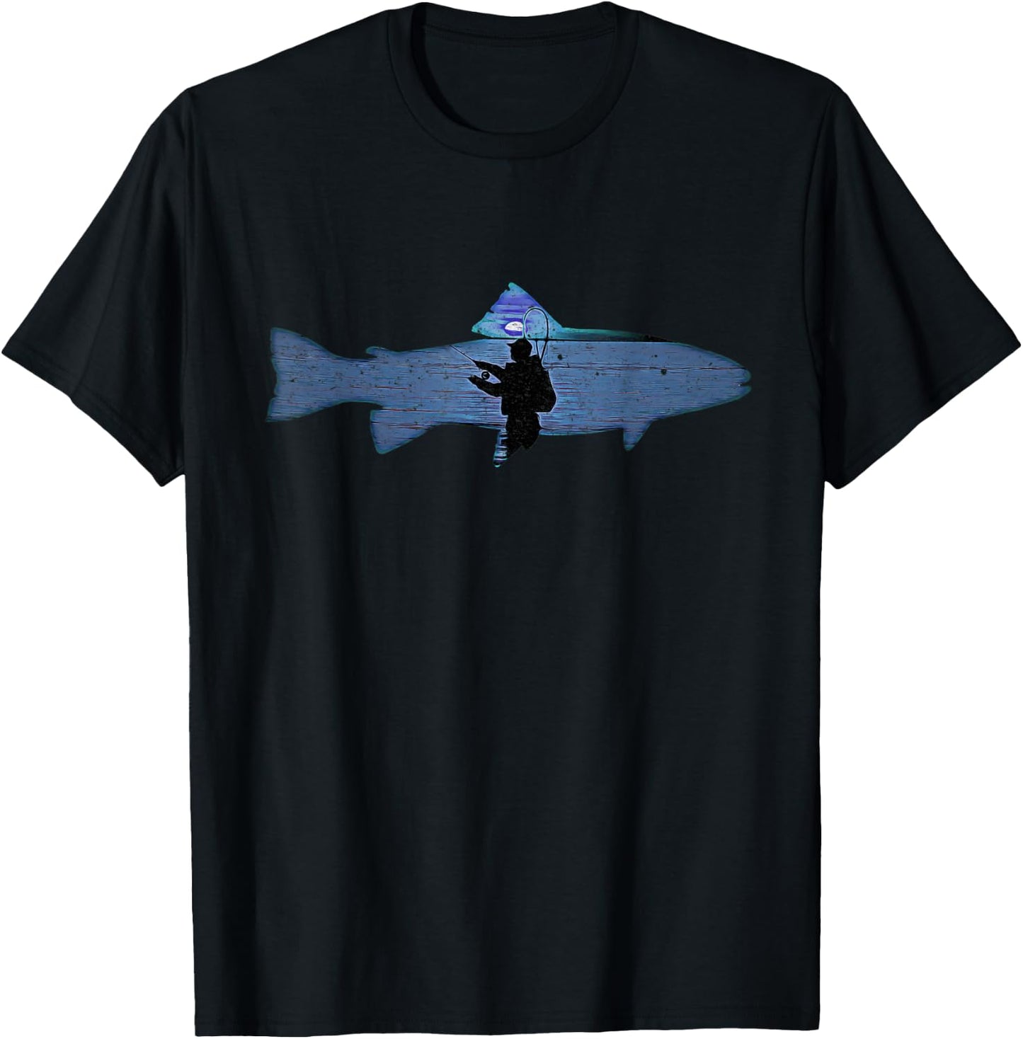 Trout Fly Fishing Nature Outdoor Fisherman In Blue Sunset T-Shirt - T-Shirt | Black