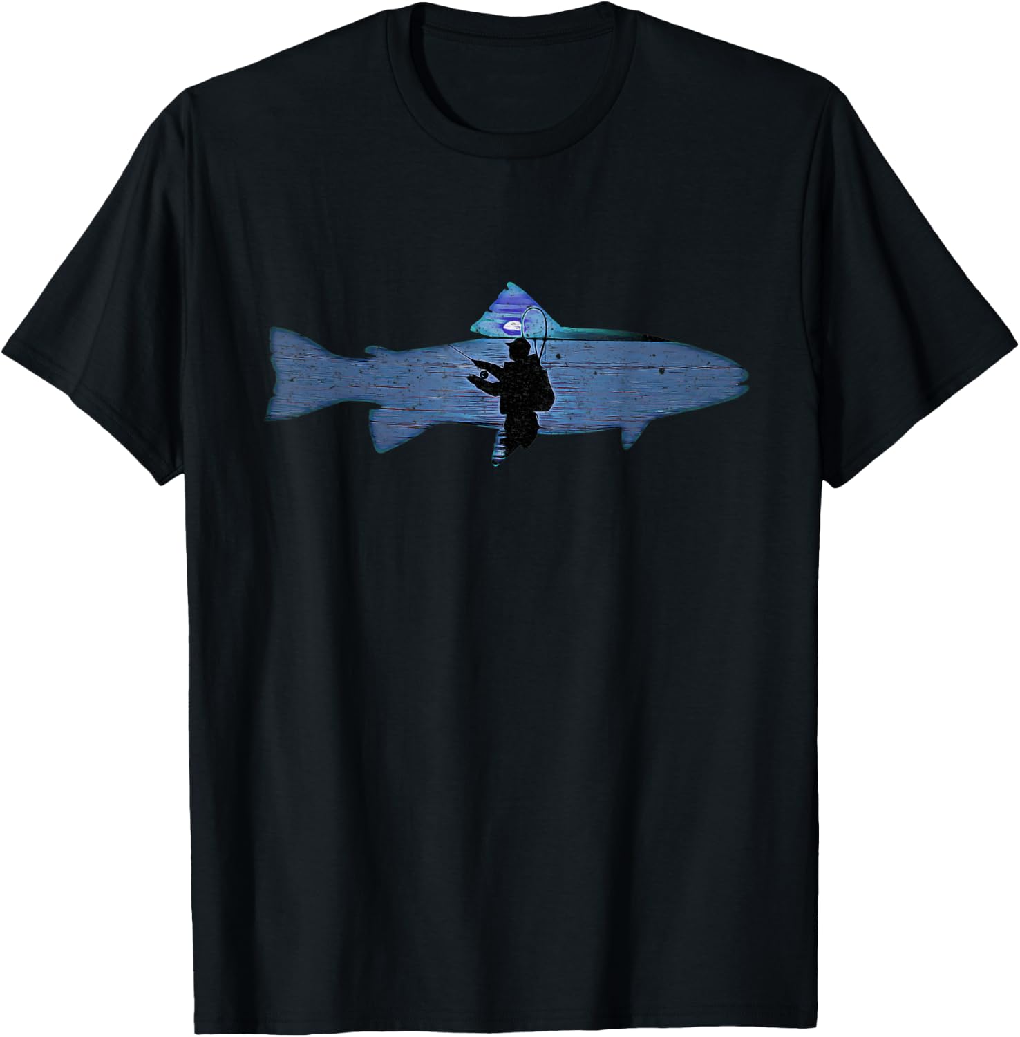 Trout Fly Fishing Nature Outdoor Fisherman In Blue Sunset T-Shirt - T-Shirt | Black