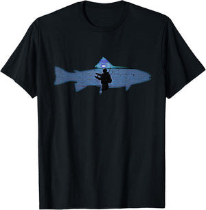 Trout Fly Fishing Nature Outdoor Fisherman In Blue Sunset T-Shirt - T-Shirt | Black