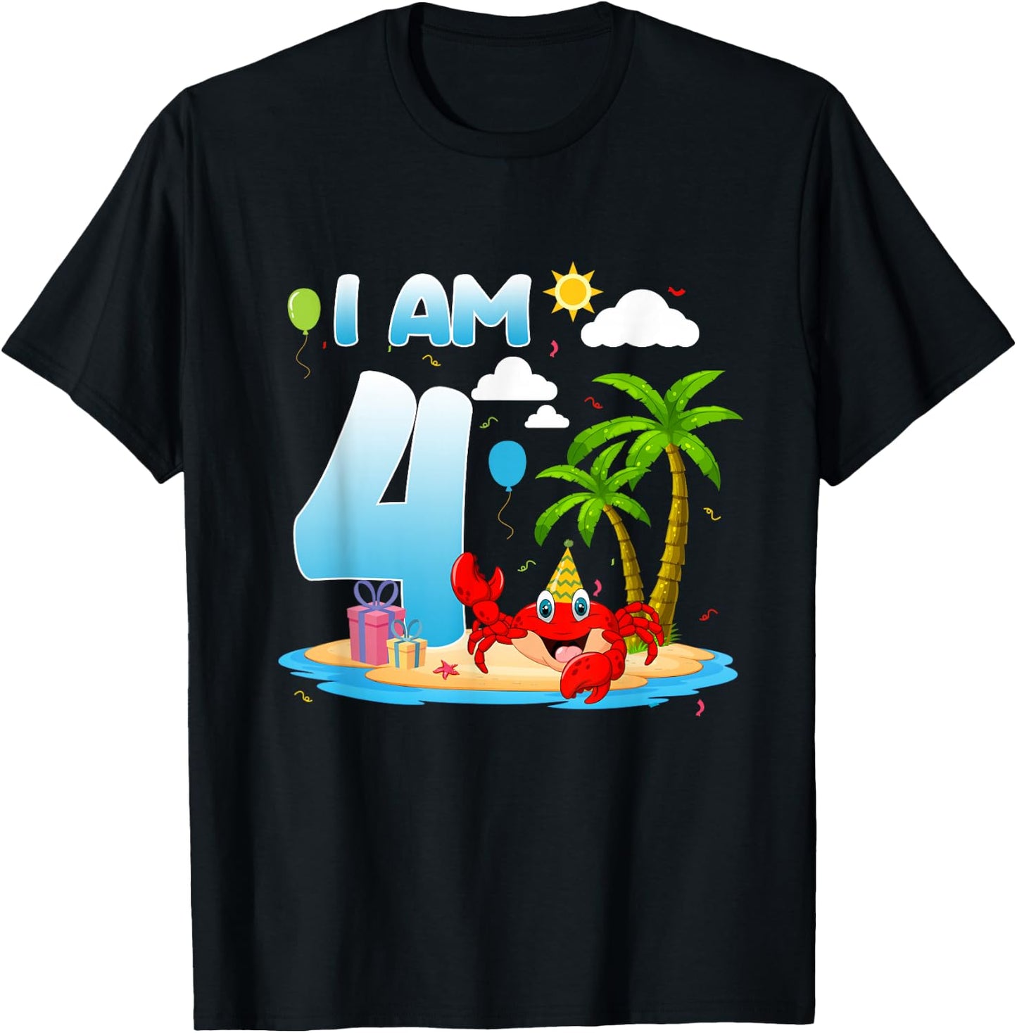 4th Birthday Crab Summer Beach 4 Year Old Bday Party Kids T-Shirt - T-Shirt | Black