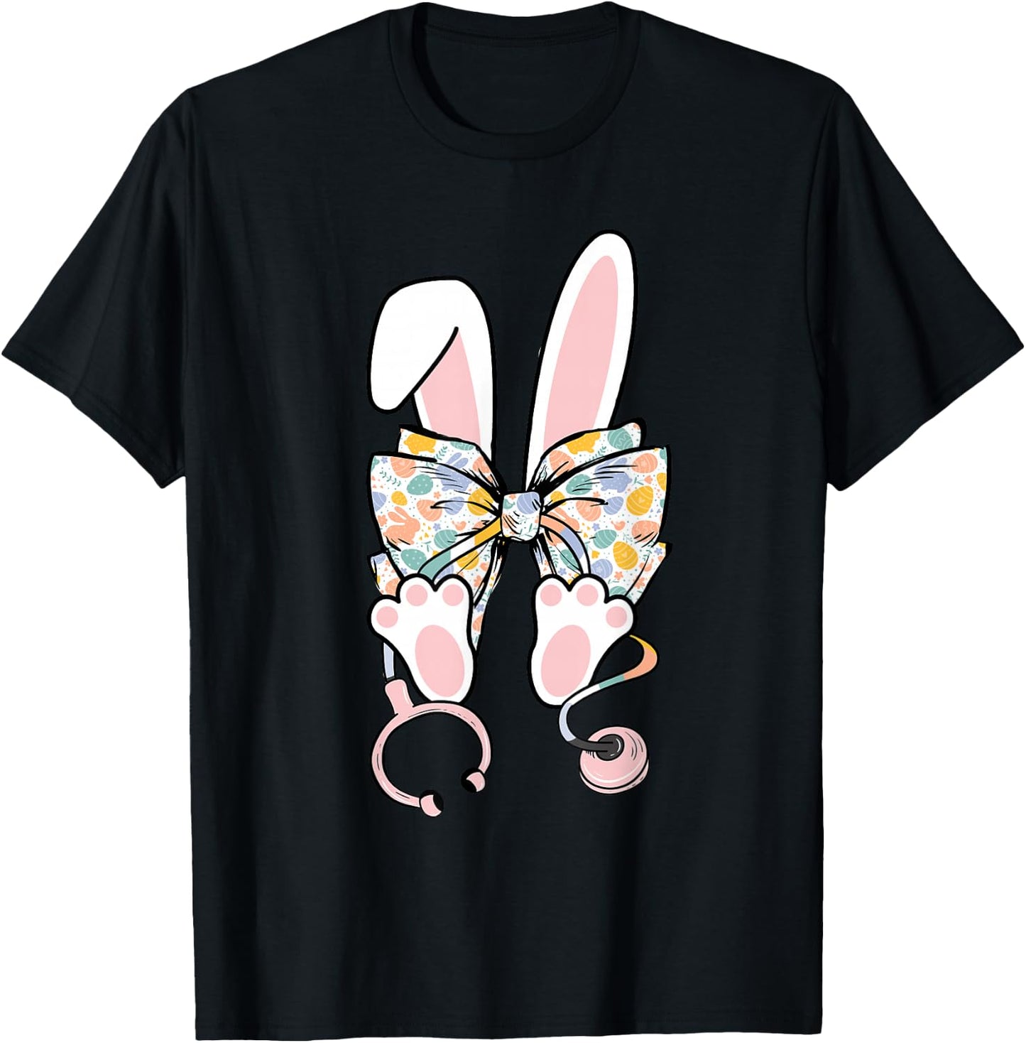 Easter Day Nurse Bunny Coquette Bow Stethoscope Scrub Top T-Shirt - T-Shirt | Black