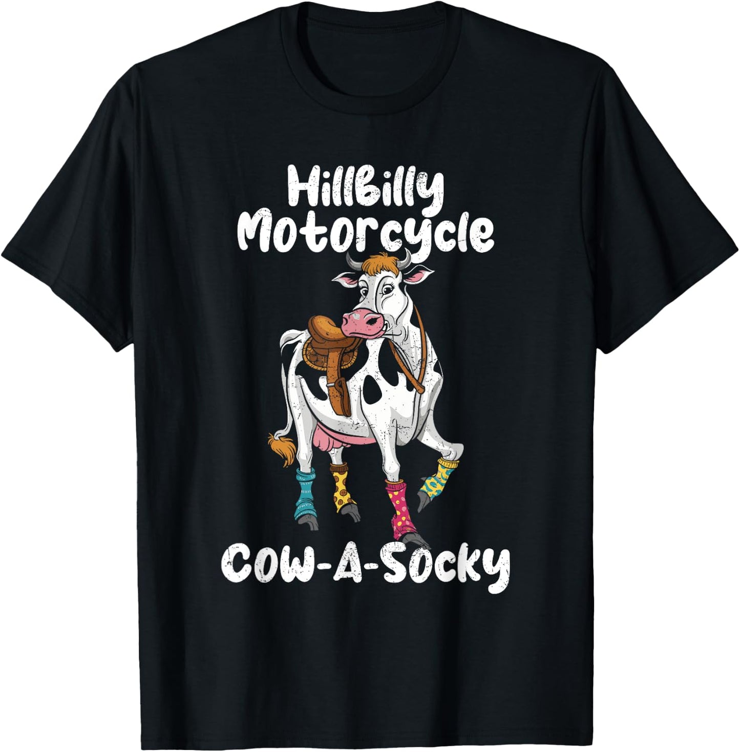 Funny Cow Hillbilly Motorcycle Cow-A-Socky Grunge T-Shirt - T-Shirt | Black