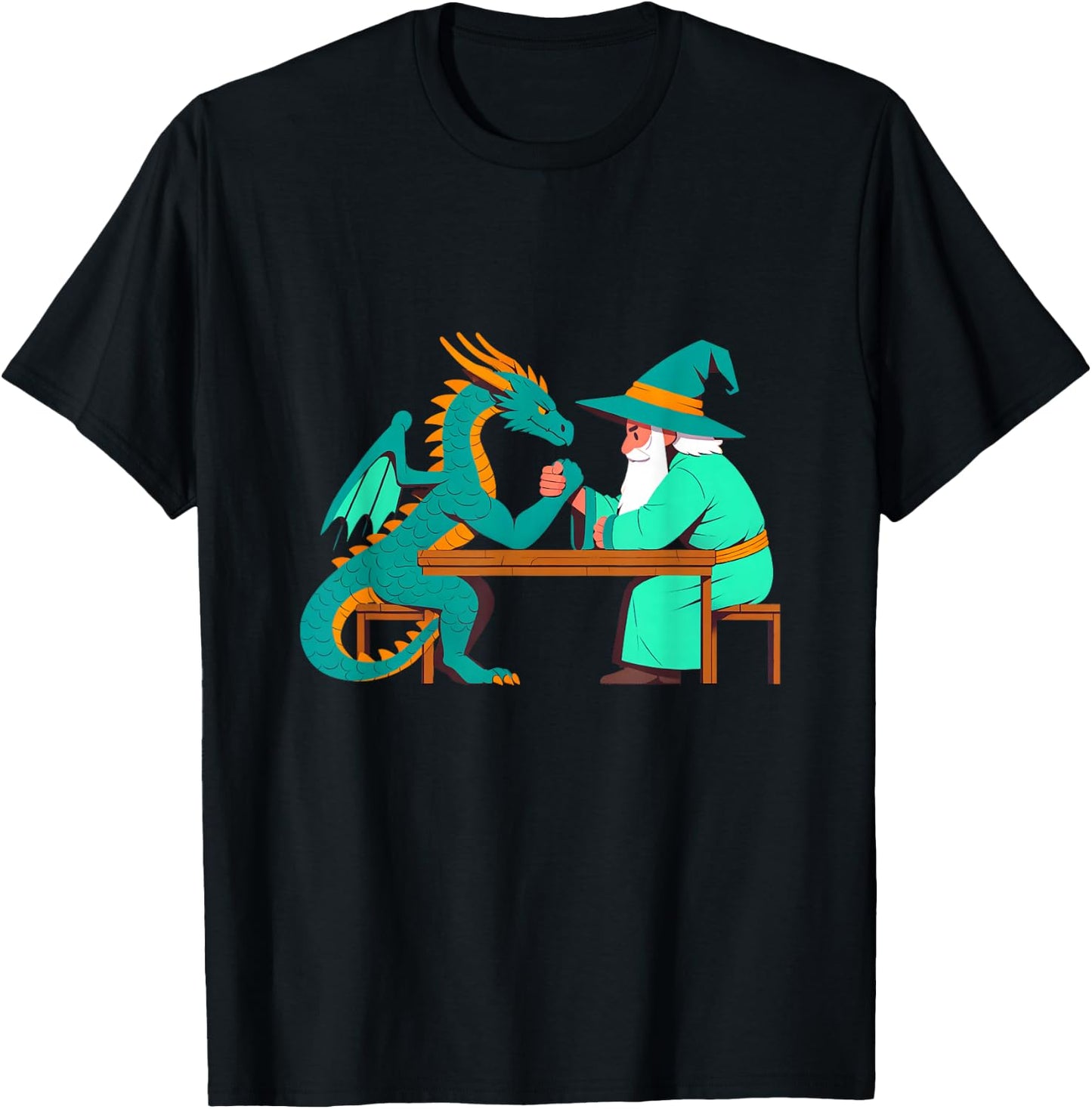 Vintage Funny Dragon And Wizard Fantasy Arm Wrestling Myth T-Shirt - T-Shirt | Black