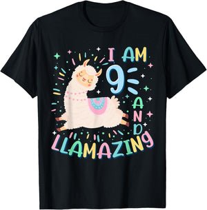 9th Birthday I Am 9 Years Old And Llamazing Llama Girl Teens T-Shirt - T-Shirt | Black
