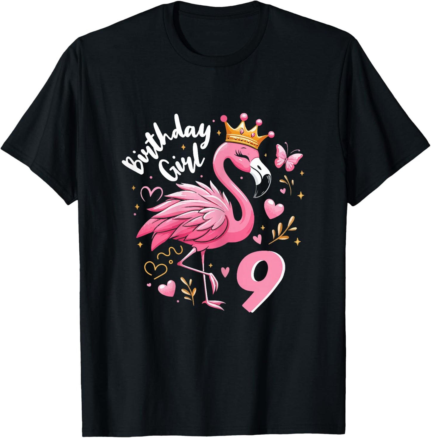 9th Birthday Cute Flamingo Girl 9 Years Old Cute , black T-Shirt - T-Shirt | Black