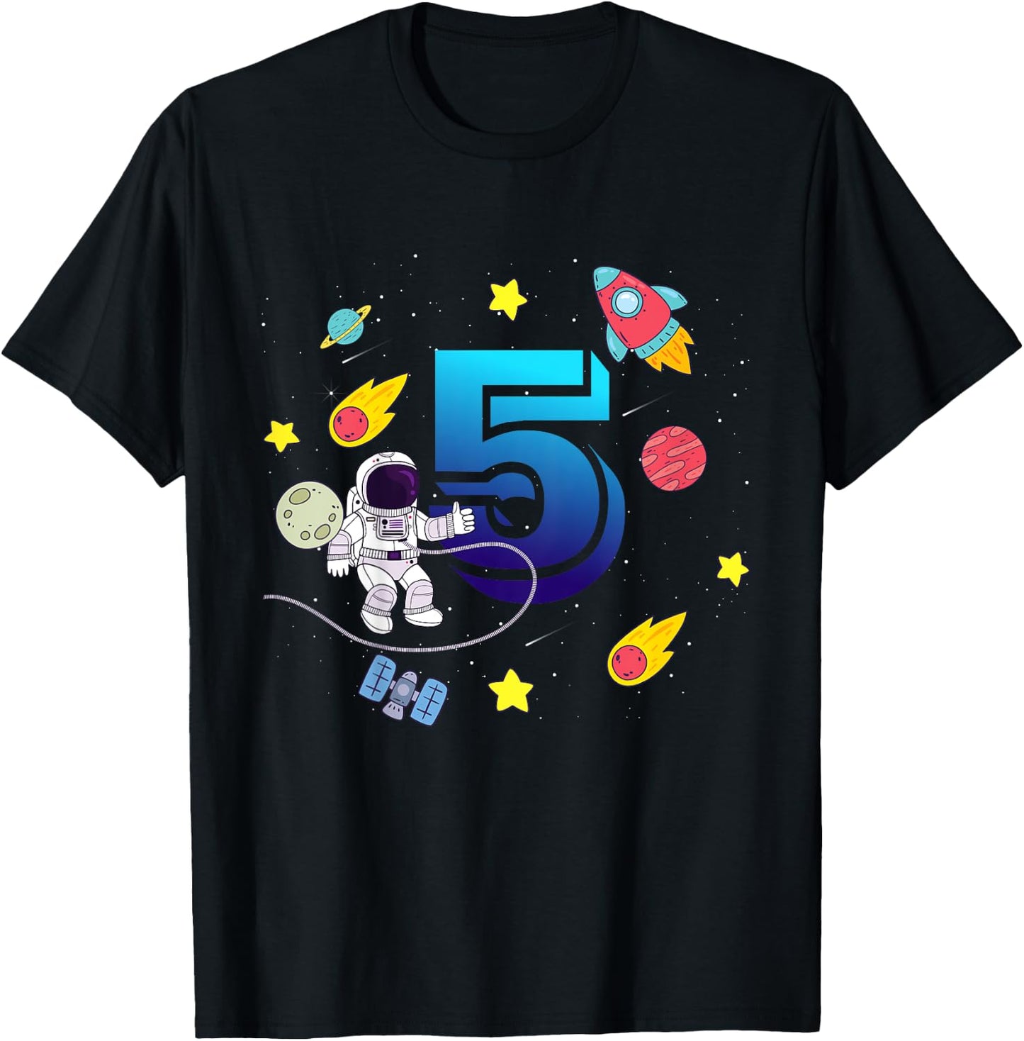 Kids 5 Years Old Birthday Boy Astronaut Outer Space Galaxy T-Shirt - T-Shirt | Black