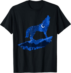 Wolf Starry Sky Moon Wolves Mountain Wildlife Pack Hunter T-Shirt - T-Shirt | Black