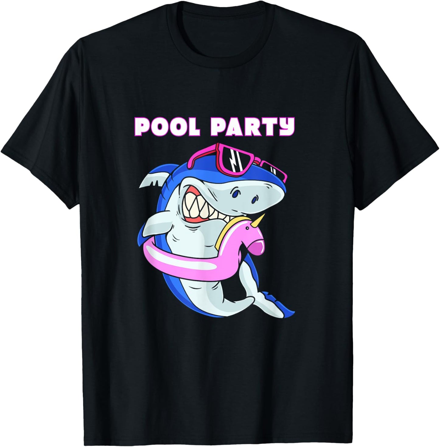 Cute Pool Party Squad Unicorn Shark With Sunglasses T-Shirt - T-Shirt | Black