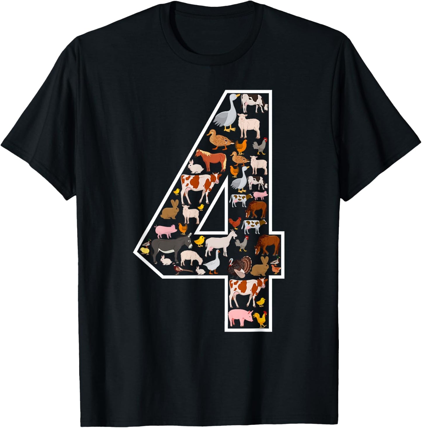 4th Birthday Farm Animals Themed Party 4 Year Old T-Shirt - T-Shirt | Black