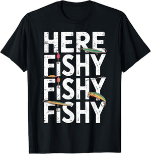 Funny Fishing Design for Enthusiastic Anglers Here Fishy T-Shirt - T-Shirt | Black