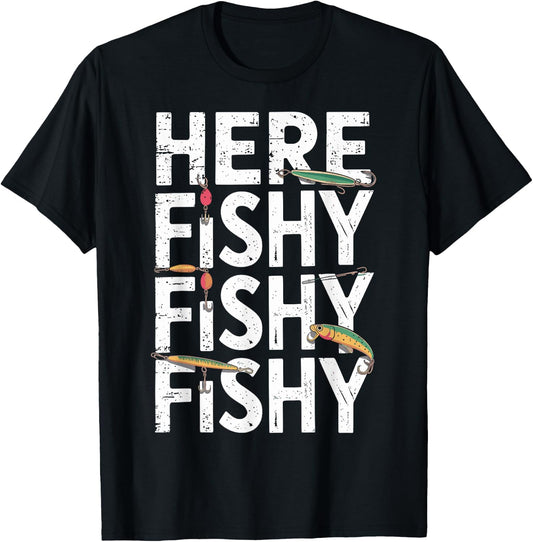 Funny Fishing Design for Enthusiastic Anglers Here Fishy T-Shirt - T-Shirt | Black