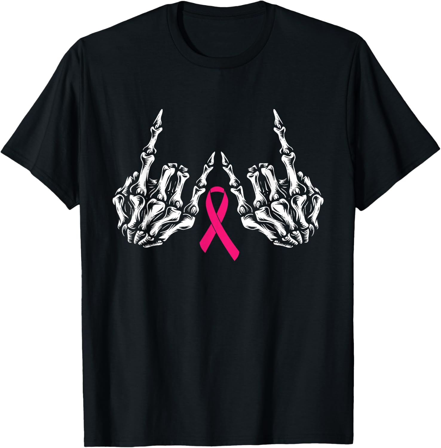Skeleton Rock Hand Breast Cancer Awareness Cool Pink Ribbon T-Shirt - T-Shirt | Black