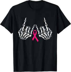 Skeleton Rock Hand Breast Cancer Awareness Cool Pink Ribbon T-Shirt - T-Shirt | Black
