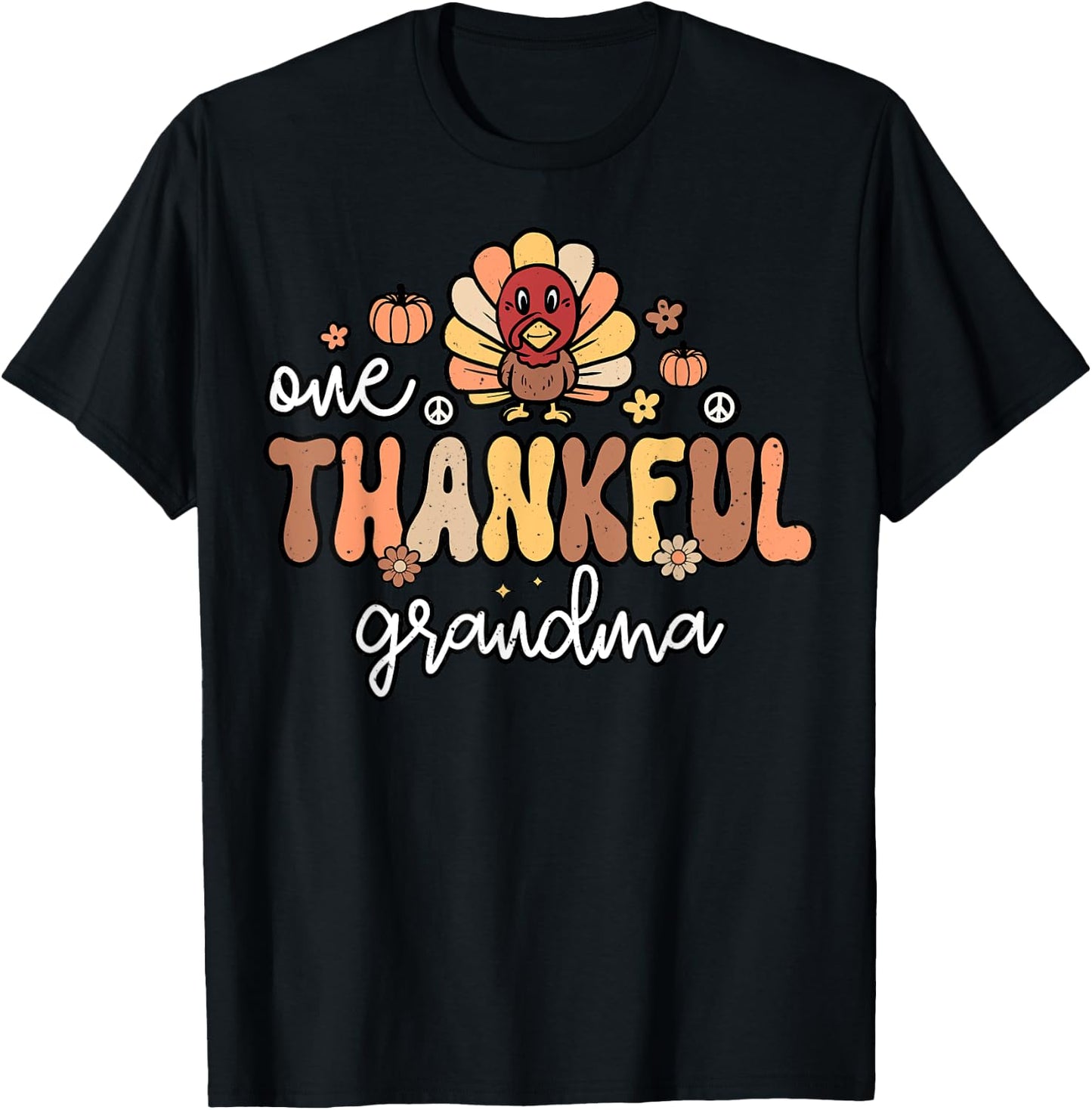 One Thankful Grandma Women Groovy Retro Thanksgiving Grandma T-Shirt - T-Shirt | Black