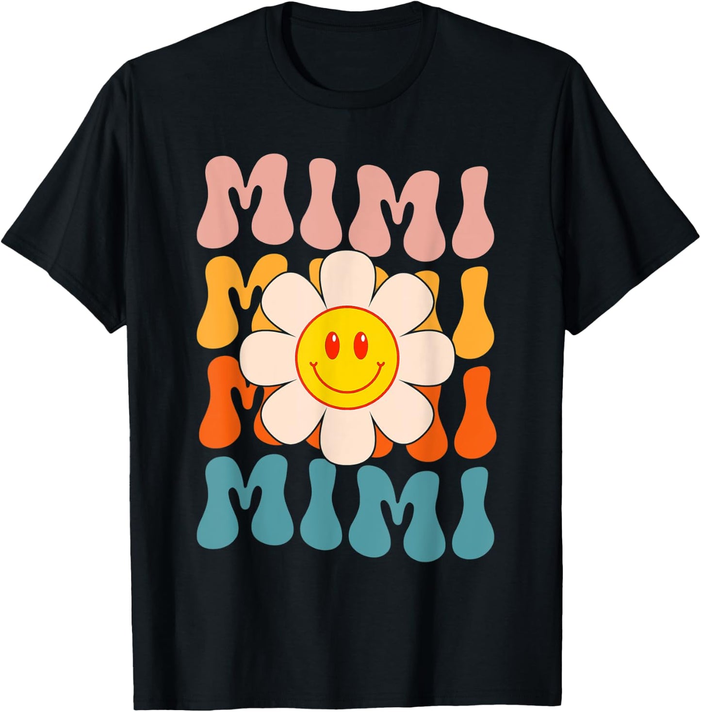 Retro Groovy Mimi Happy Face Smile Cute Daisy Flower Grandma T-Shirt - T-Shirt | Black