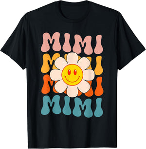 Retro Groovy Mimi Happy Face Smile Cute Daisy Flower Grandma T-Shirt - T-Shirt | Black