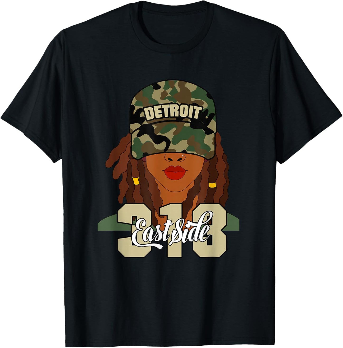 Detroit 313 East Side Hood Black Woman Camo Locs T-Shirt - T-Shirt | Black