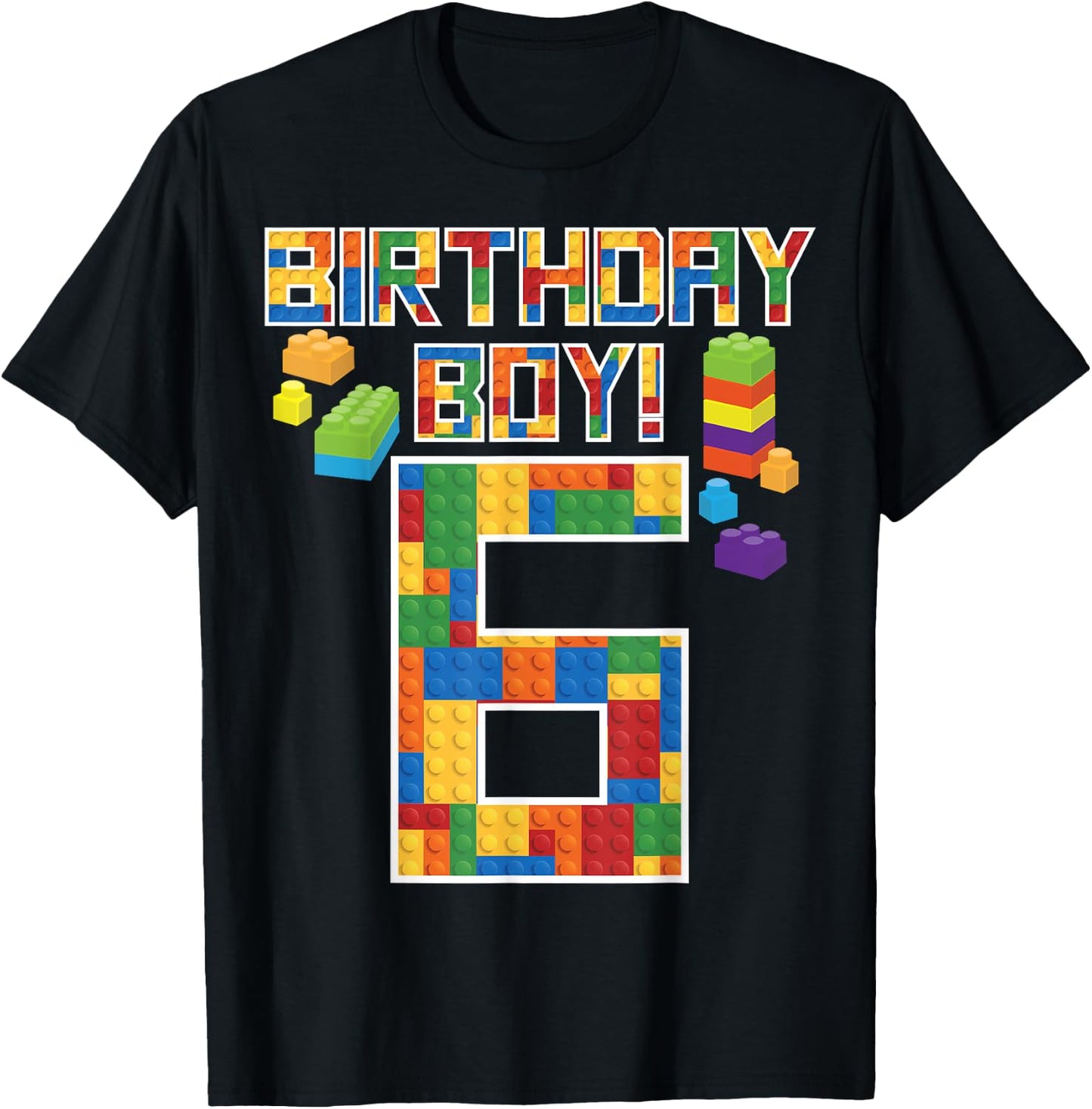 Cute 6th Birthday Gift 6 Years Old Block Building Boys Kids T-Shirt - T-Shirt | Black