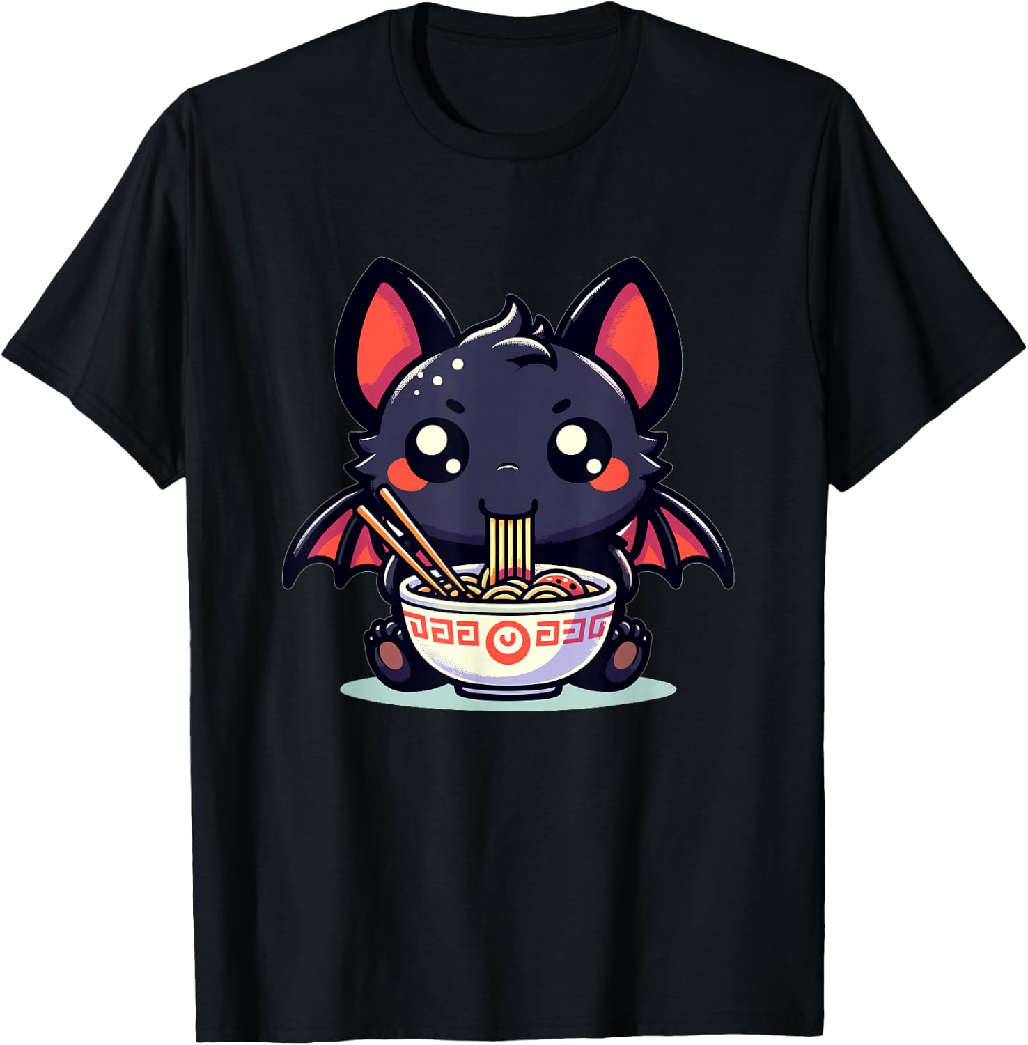 Cute Japanese Kawaii Chibi Bat Eating Ramen T-Shirt - T-Shirt | Black
