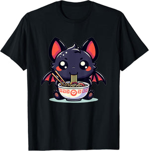 Cute Japanese Kawaii Chibi Bat Eating Ramen T-Shirt - T-Shirt | Black