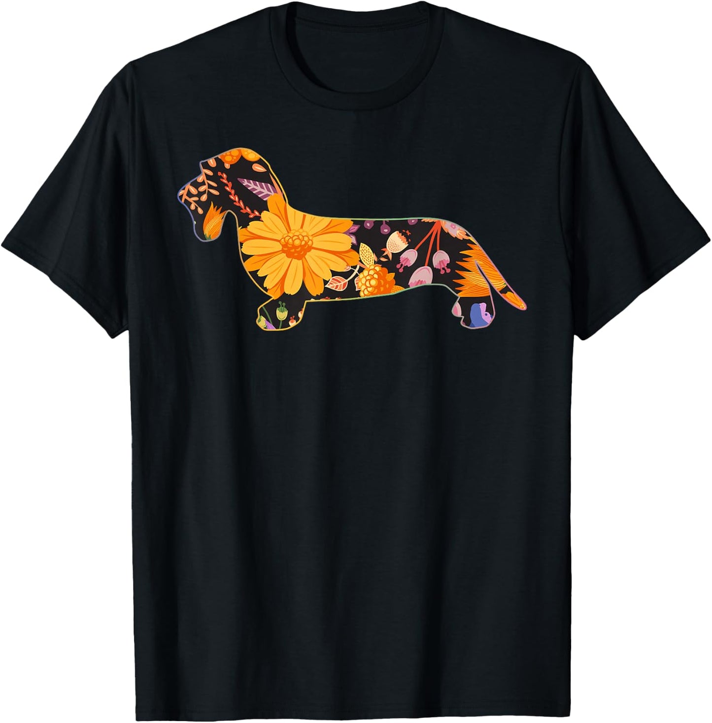 Dachshund Wire Hair Floral Flower Vintage Retro T-Shirt - T-Shirt | Black