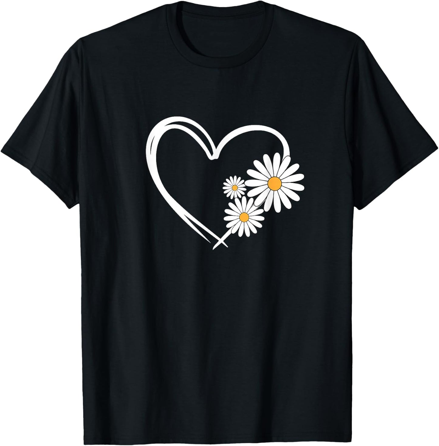 Heart With Daisy Flowers, Daisies With Heart Outline T-Shirt - T-Shirt | Black