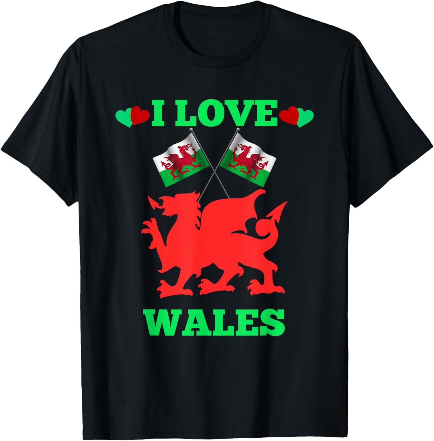 I Love Wales Flags Dragon Hearts T-Shirt - T-Shirt | Black