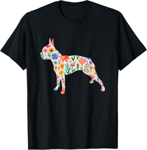 Boston Terrier Watercolour Flowers Design T-Shirt - T-Shirt | Black