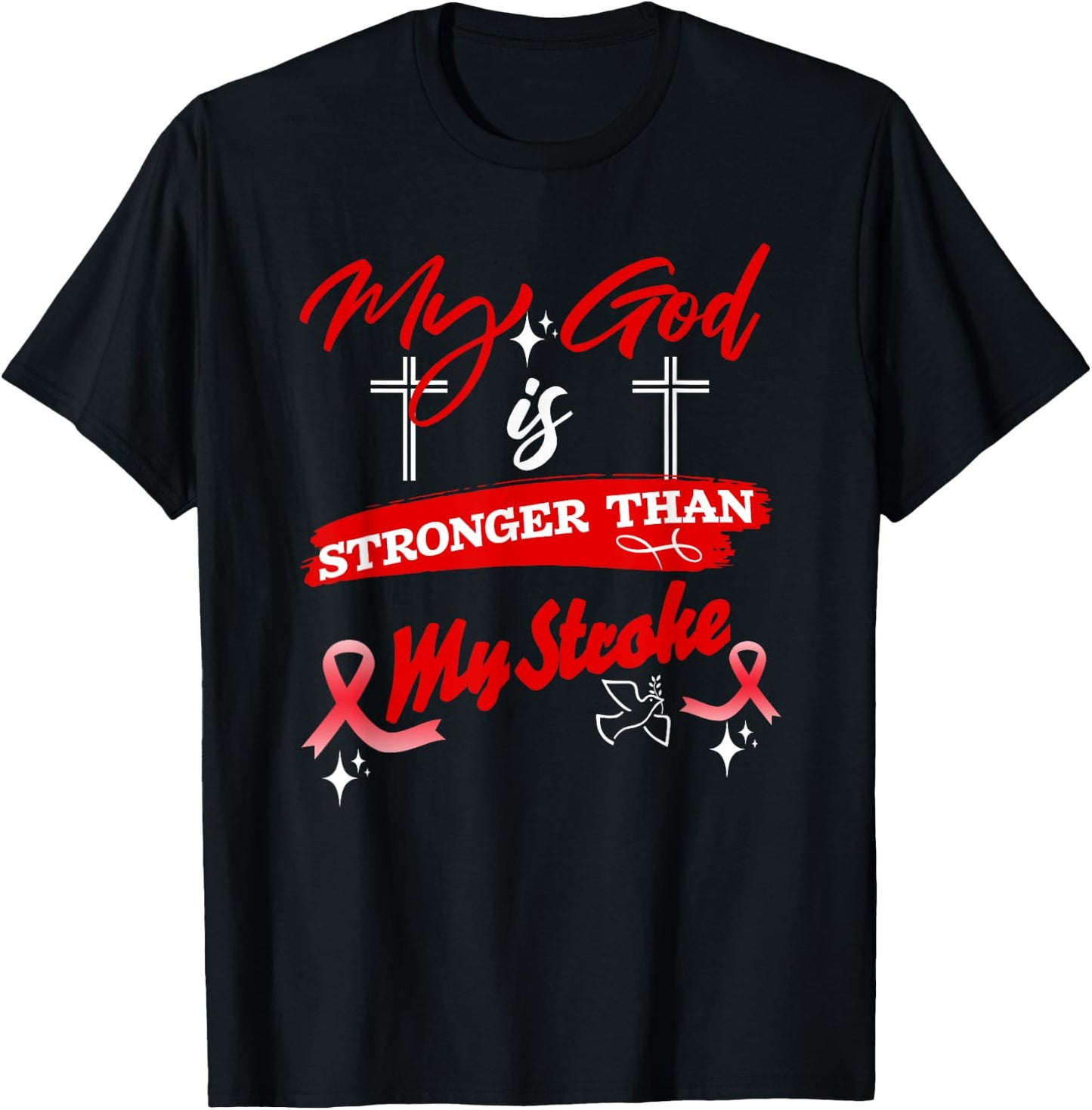 Stroke Warrior My God Is Stronger Than My Stroke Red Ribbon T-Shirt - T-Shirt | Black
