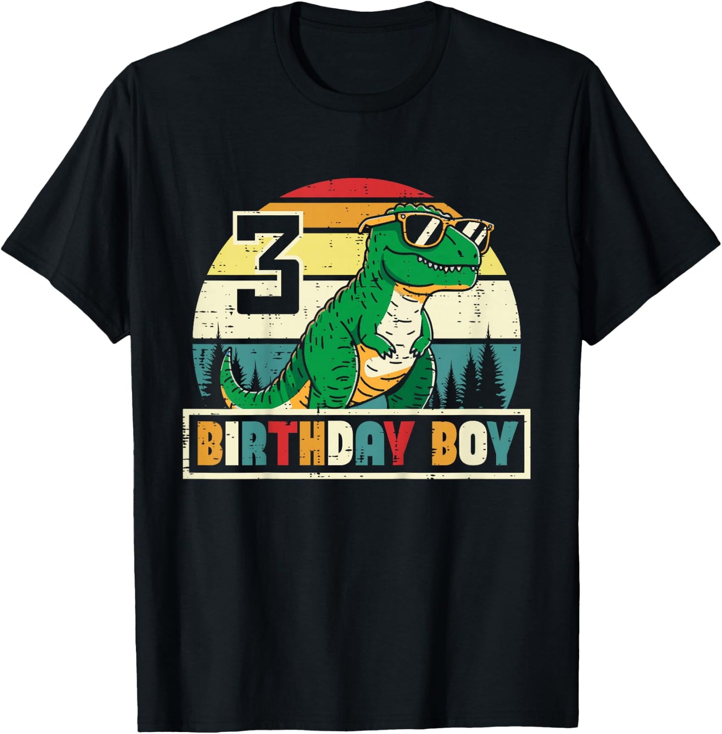 Kids 3 Birthday Boy Dino Trex Retro 3rd Bday Three Year Boys Kids T-Shirt - T-Shirt | Black