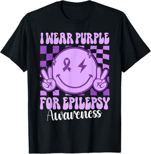 I Wear Purple For Epilepsy Awareness Smile Face Epilepsy T-Shirt - T-Shirt | Black