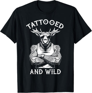 Tattooed And Wild Funny Inked Moose Elk Animal Tattoo Lover T-Shirt - T-Shirt | Black