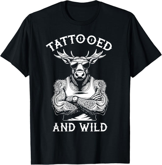 Tattooed And Wild Funny Inked Moose Elk Animal Tattoo Lover T-Shirt - T-Shirt | Black