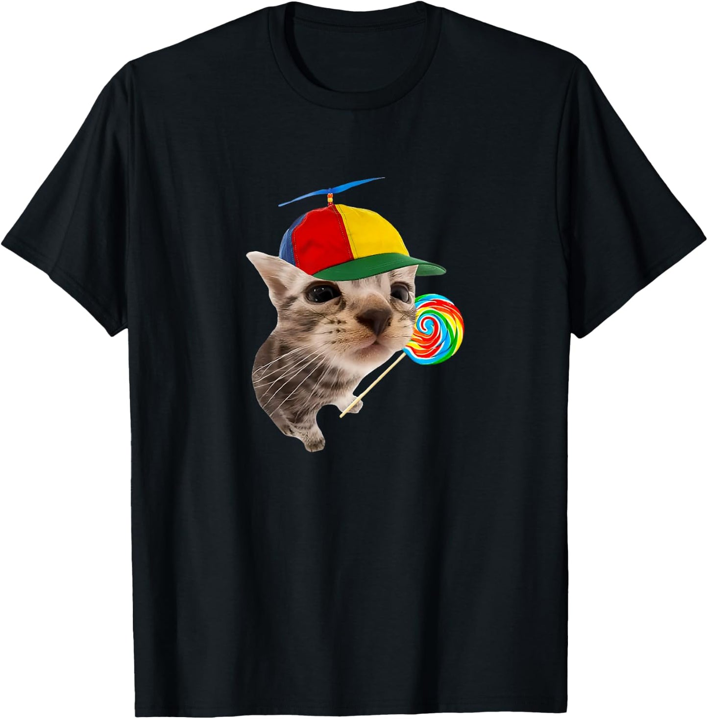 Silly Cat with Lollipop Meme , Black, S T-Shirt - T-Shirt | Black