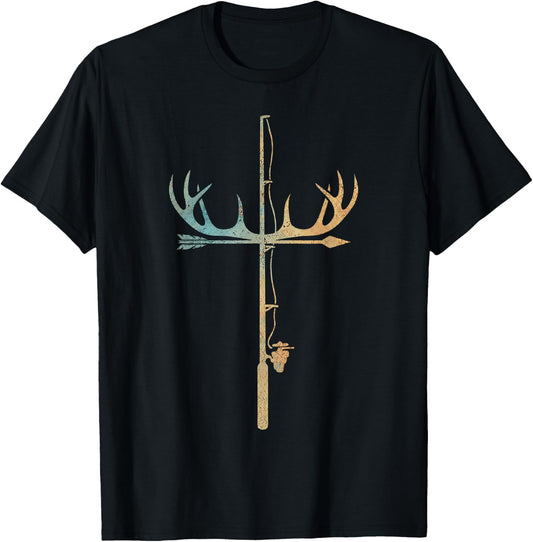 Antler Fishing Rod Cross God Family Hunting Fishing T-Shirt - T-Shirt | Black