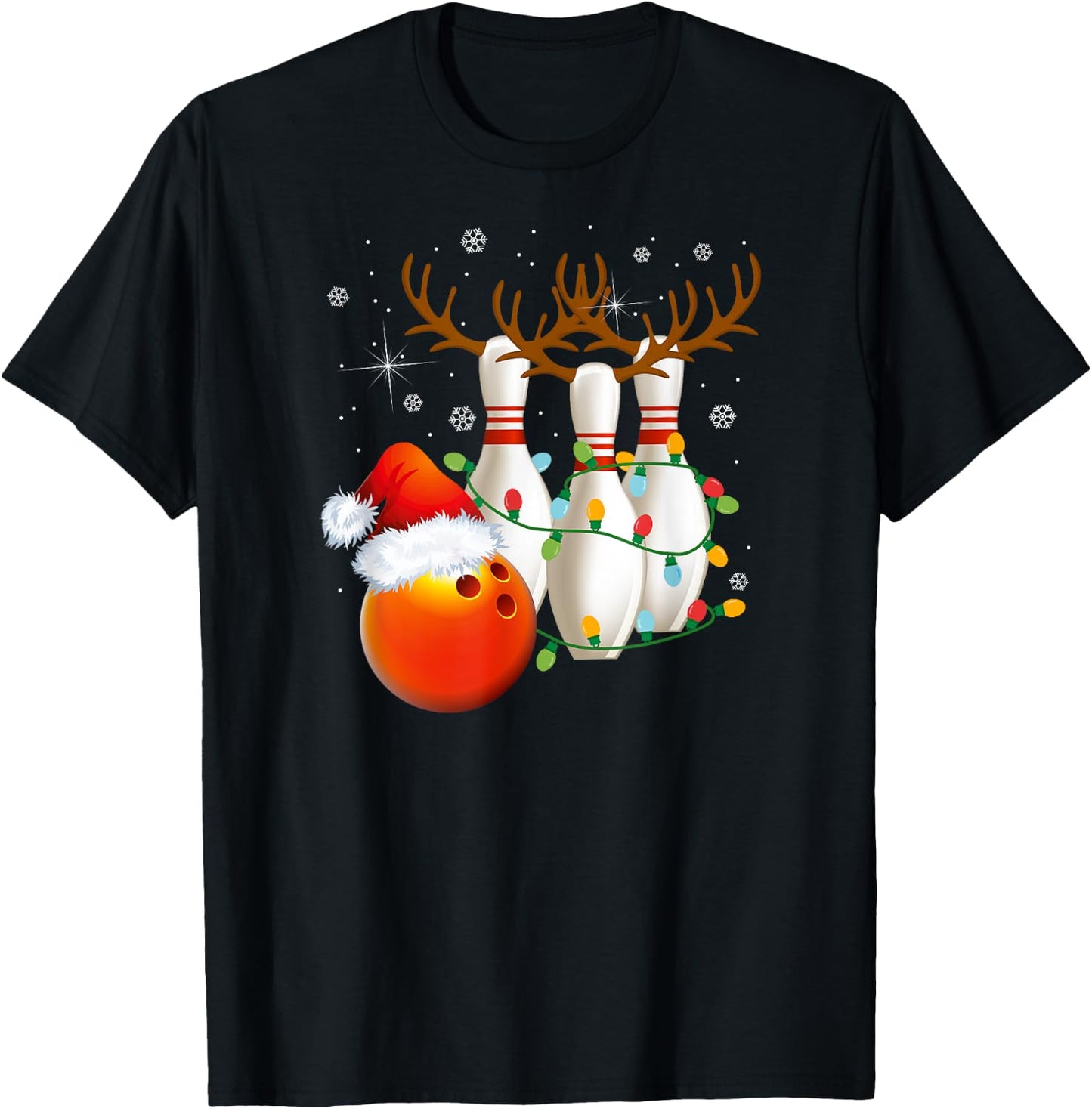 Bowling Gifts Christmas Bowling Santa Hat Christmas Lights T-Shirt - T-Shirt | Black