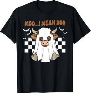 Moo I Mean Boo Cute Ghost Cow Funny Halloween Men Women Kids T-Shirt - T-Shirt | Black