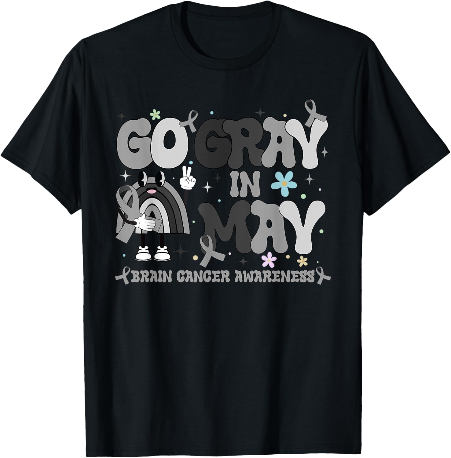 Go Gray In May Brain Cancer Awareness Rainbow Ribbon T-Shirt - T-Shirt | Black