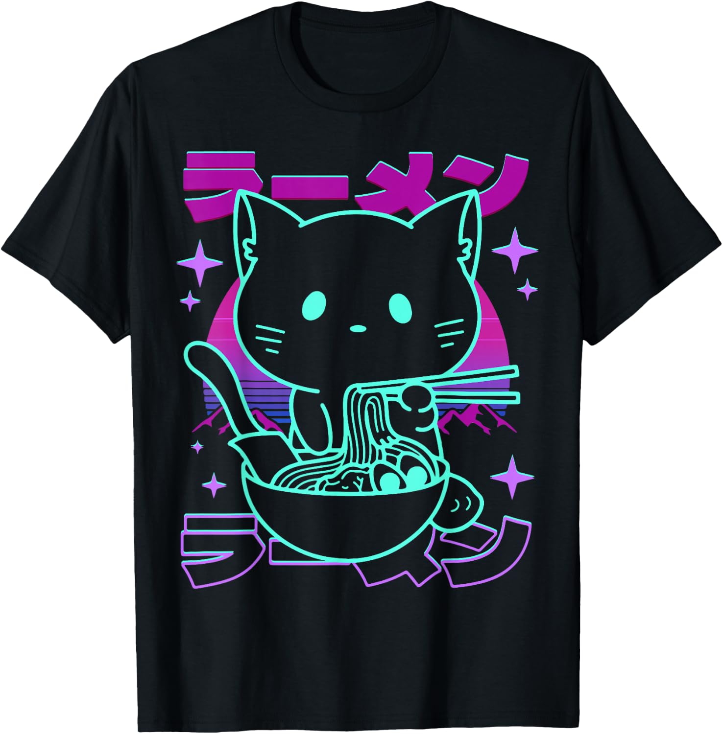 Anime Ramen Cat Retro Japanese Noodles Aesthetic Kawaii Cat , black T-Shirt - T-Shirt | Black