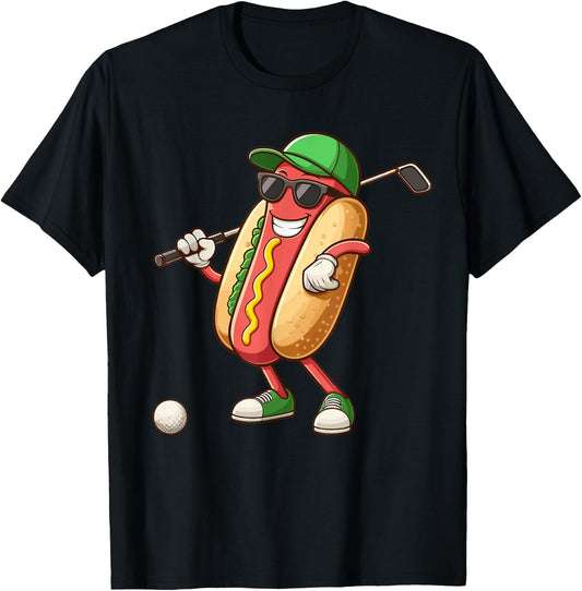 Golfing Hotdog Funny Golf Hot Dogs Lover Golfer Print Art Men Women Girls Kids T-Shirt - T-Shirt | Black