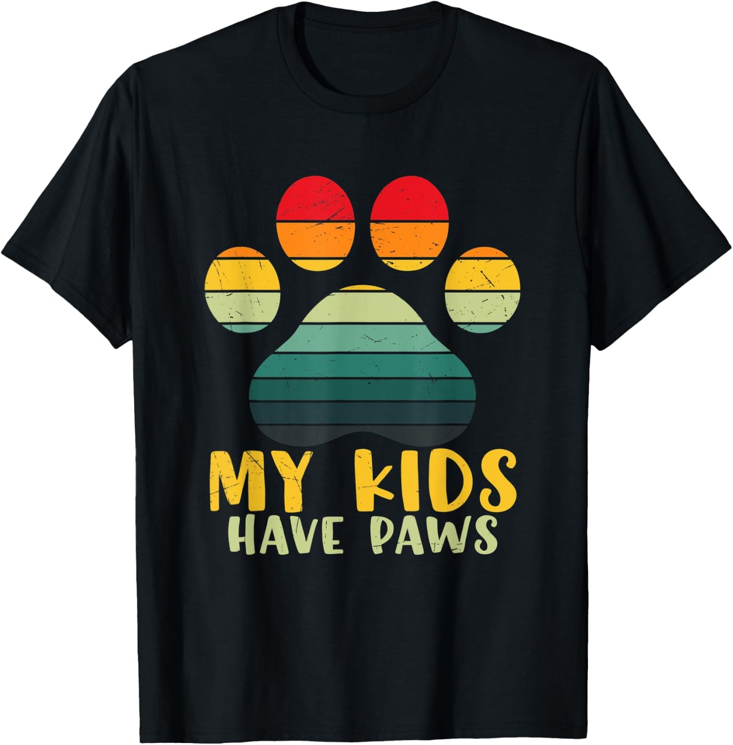 My Kids Have Paws Cute Retro Vintage Sunset Paw Print Design T-Shirt - T-Shirt | Black