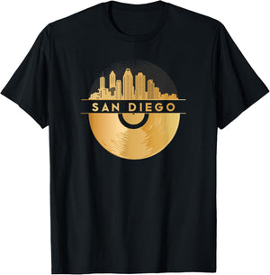 Vinyl-Record-Player Disco-Music Skyline-San-Diego T-Shirt - T-Shirt | Black