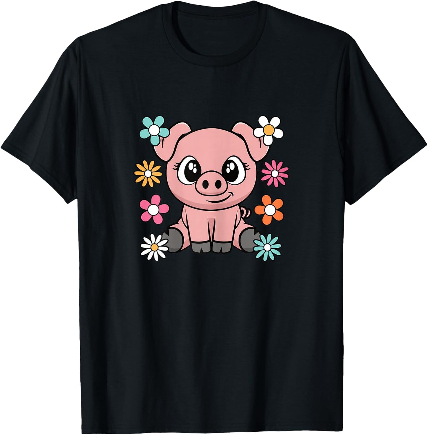 Cute Pig Lover Groovy Piglet Flower Women Girls Kids T-Shirt - T-Shirt | Black