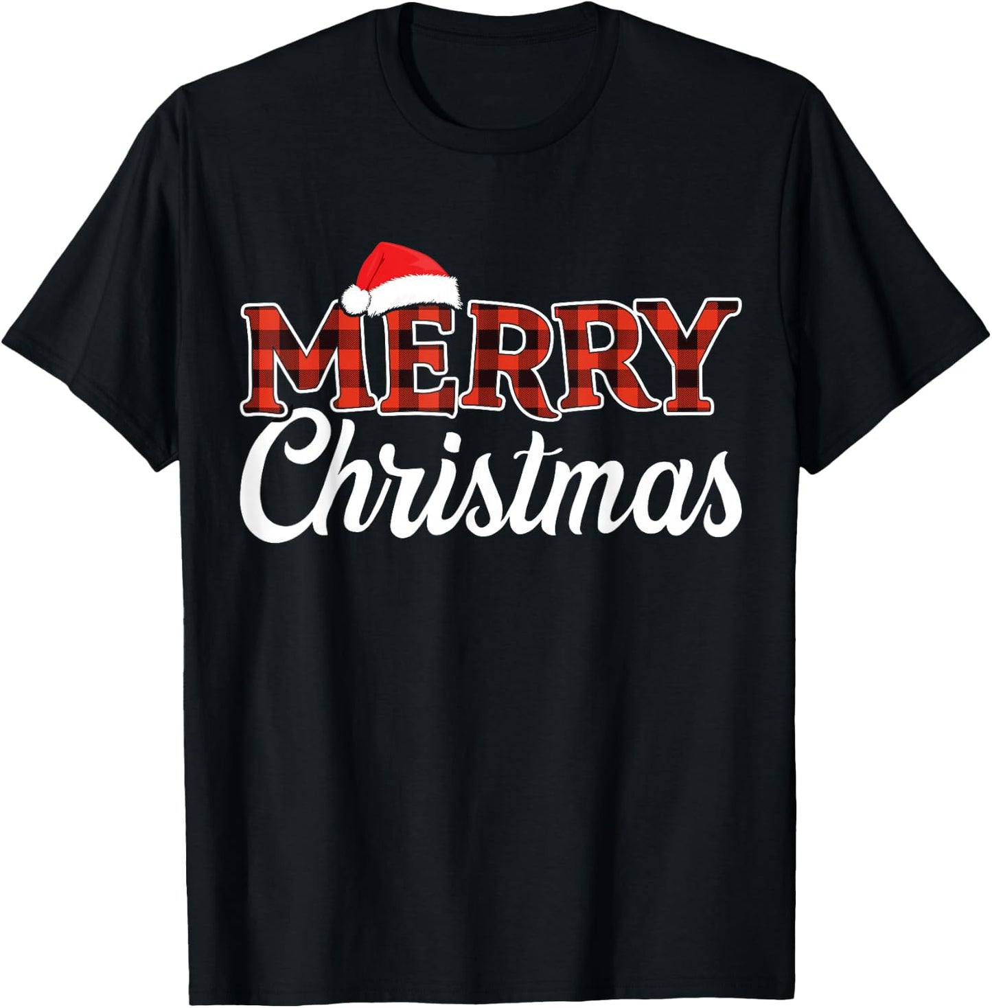 Merry christmas santa hat for holiday family buffalo plaid T-Shirt - T-Shirt | Black