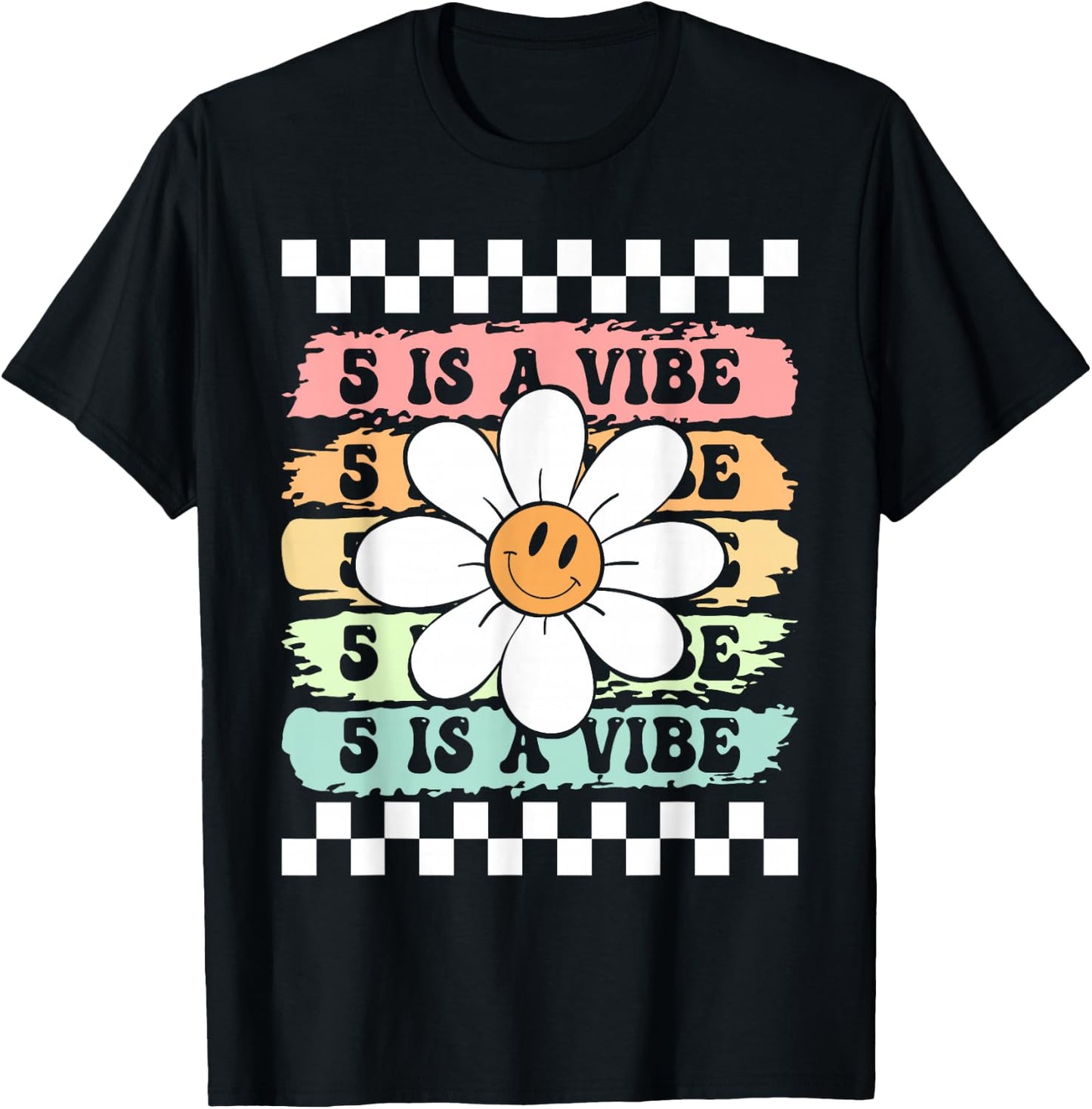 Five Is A Vibe Cute Groovy 5th Birthday Party Daisy Flower T-Shirt - T-Shirt | Black