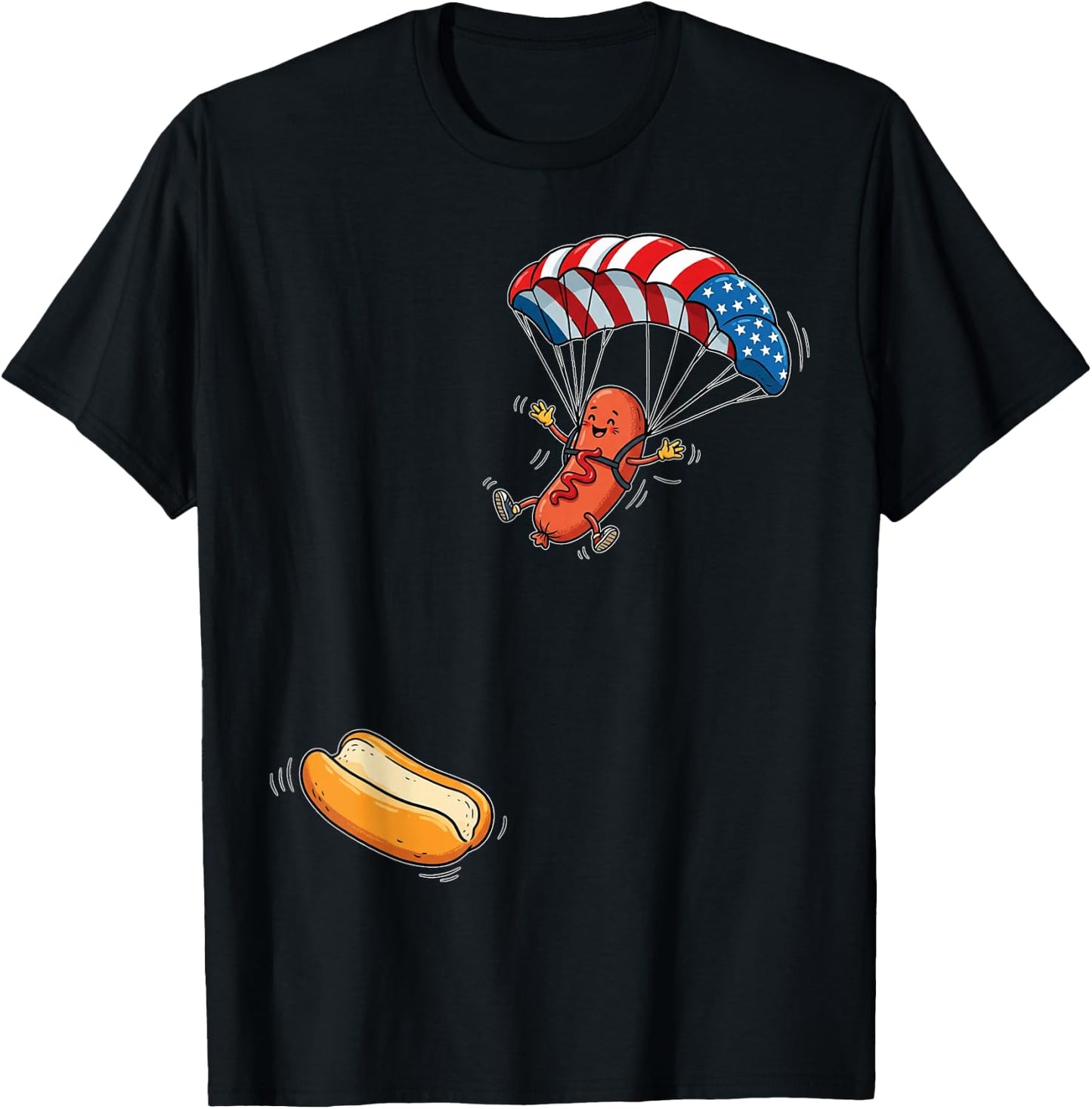 Funny Hot Dog Jumping Into Bun Sausage BBQ Skydiving USA T-Shirt - T-Shirt | Black