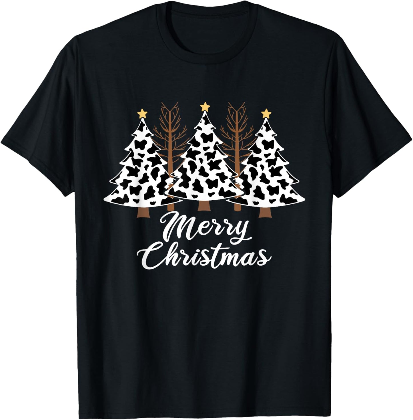 Merry Christmas Tree Cow Print Xmas T-Shirt - T-Shirt | Black